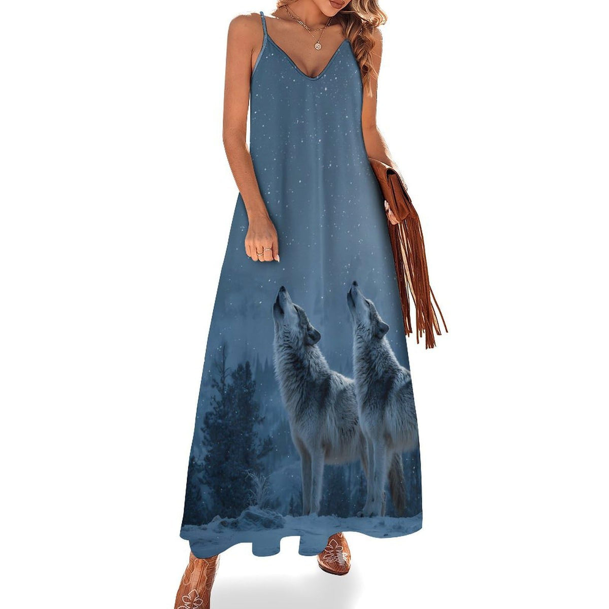 longue sans manches à motif loup hurlant pour femme, idéale pour l'été et la plage.