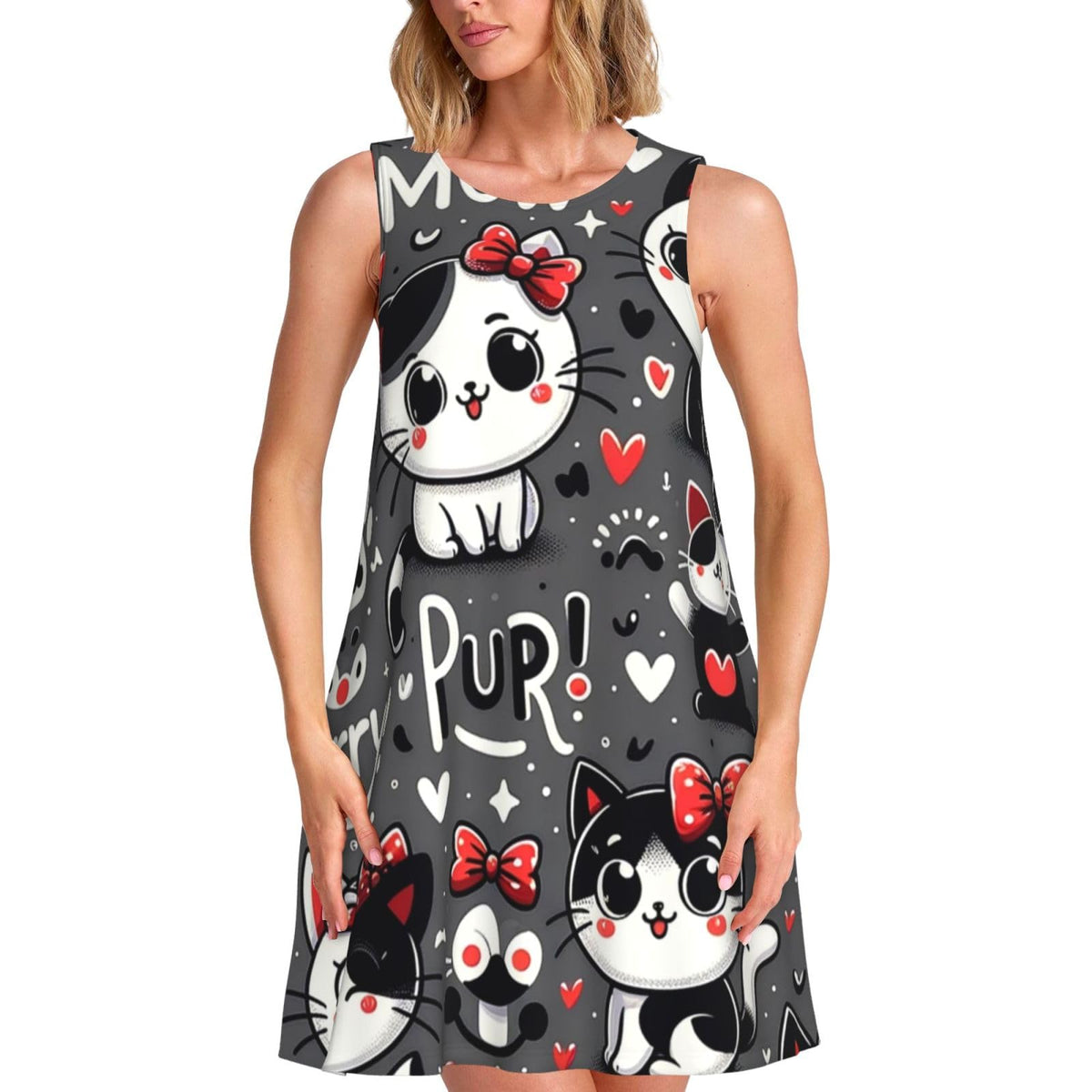 sans manches pour femme avec 2 poches latérales, motif adorable chatons et chats, coupe trapèze.