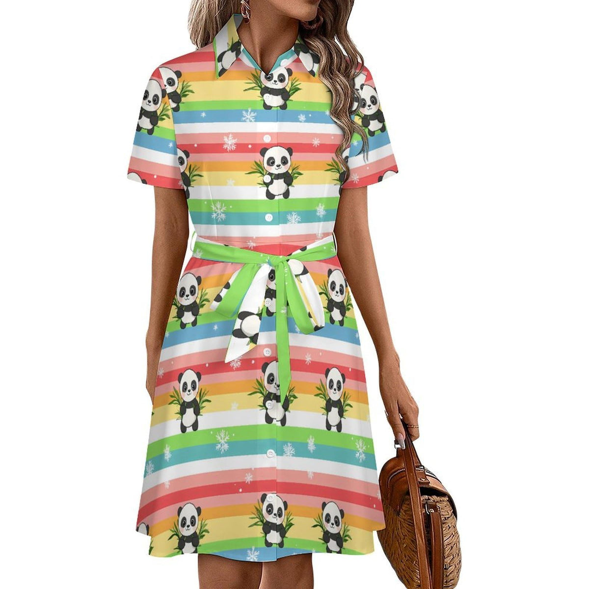 chemise décontractée à boutons pour femme, motif pandas arc-en-ciel, manches courtes et col, avec ceinture
